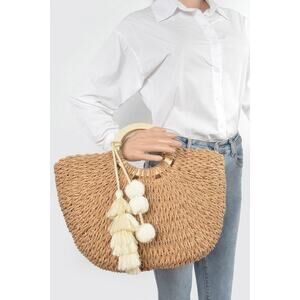 NWT Women's Boho Woven Paper Wood Handle Tasseled Tote Bag